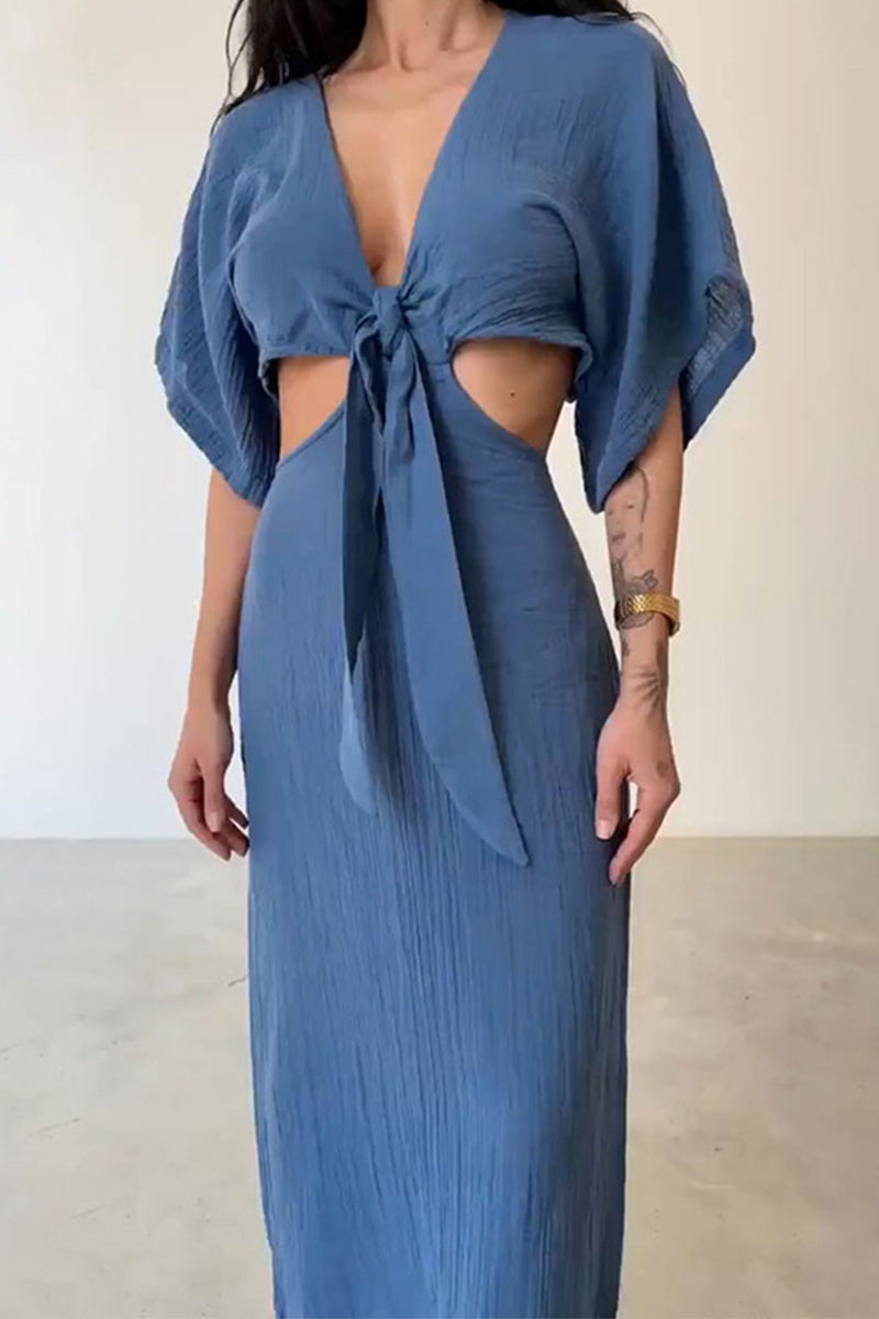 Sexy, einfarbiges, ausgehöhltes Frenulum, V-Ausschnitt, One-Step-Rock-Kleid (3 Farben)