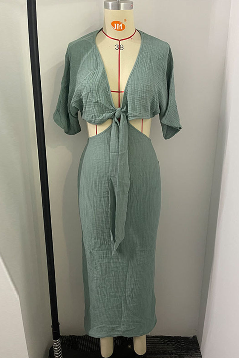 Sexy, einfarbiges, ausgehöhltes Frenulum, V-Ausschnitt, One-Step-Rock-Kleid (3 Farben)