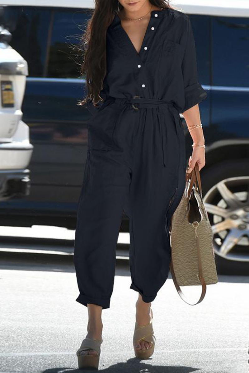 Casual Solid Patchwork Turndown Collar Harlan Jumpsuits