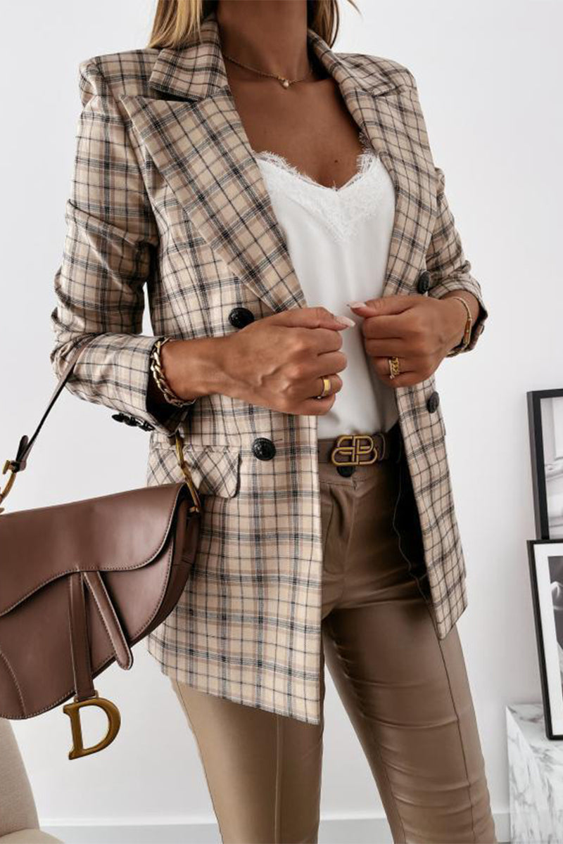 Elegante Oberbekleidung mit Karomuster und Patchwork-Umschlagkragen für die Arbeit 