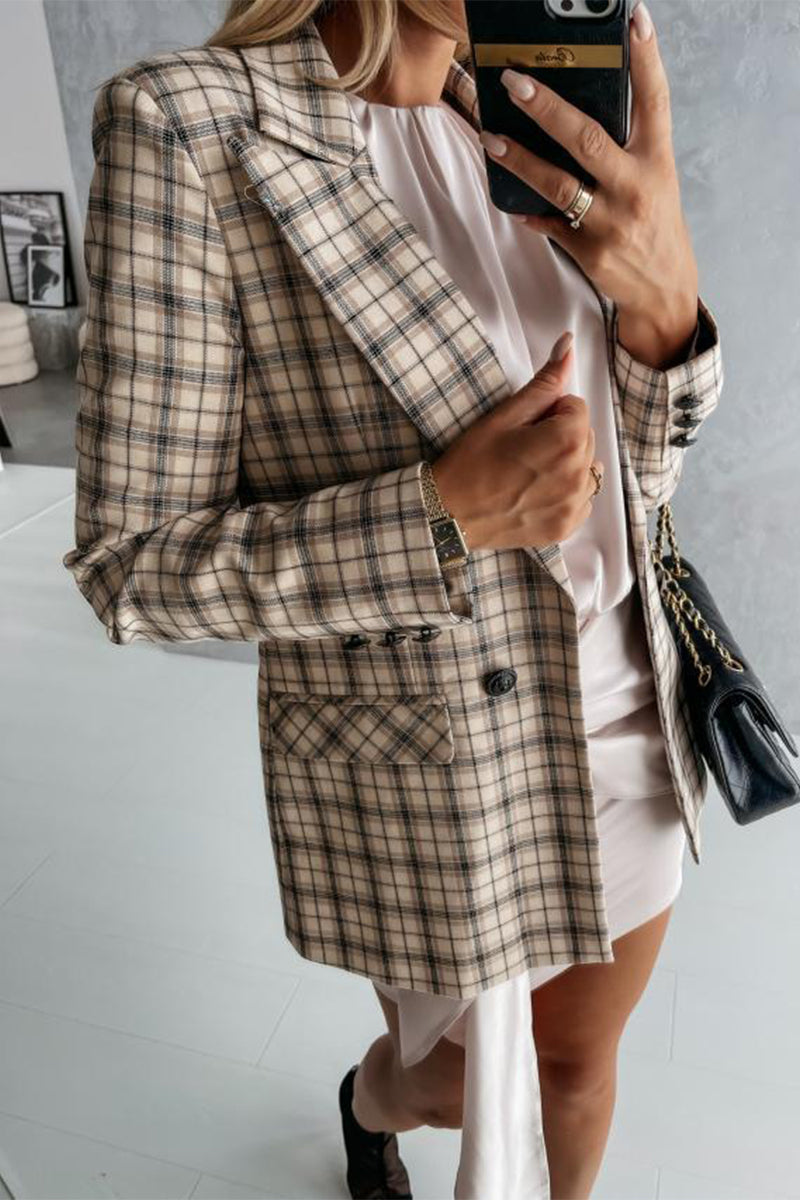 Elegante Oberbekleidung mit Karomuster und Patchwork-Umschlagkragen für die Arbeit 