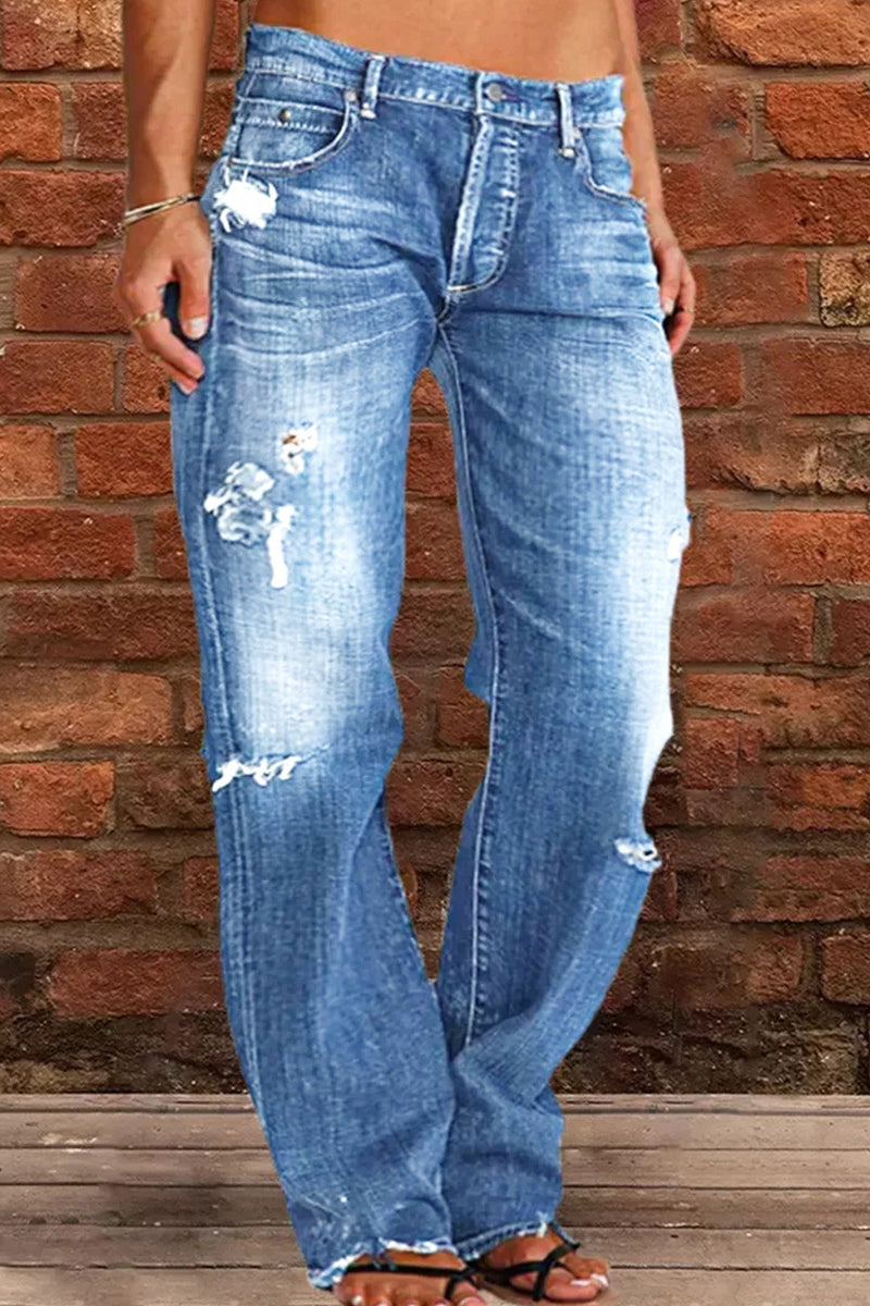 Jean droit déchiré en denim décontracté avec patchwork de rue 