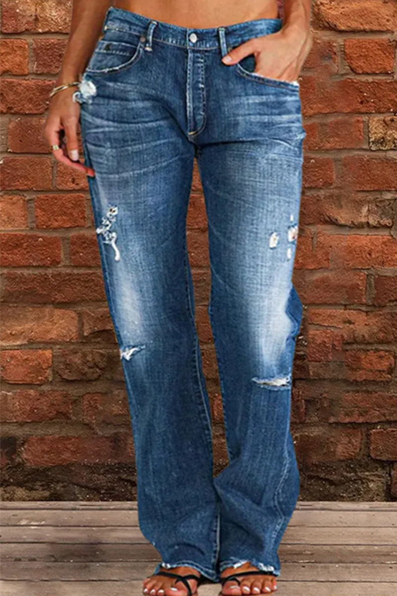 Jean droit déchiré en denim décontracté avec patchwork de rue 