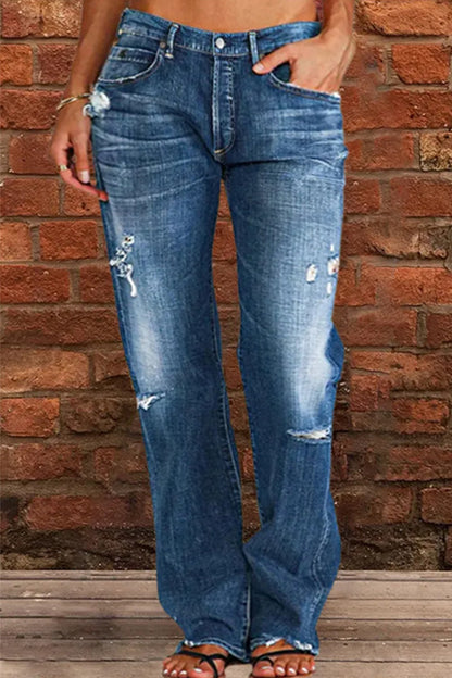 Jean droit déchiré en denim décontracté avec patchwork de rue 