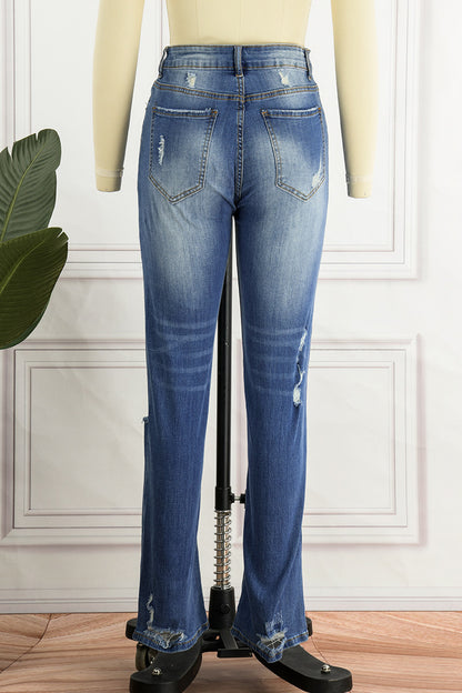 Jean droit déchiré en denim décontracté avec patchwork de rue 