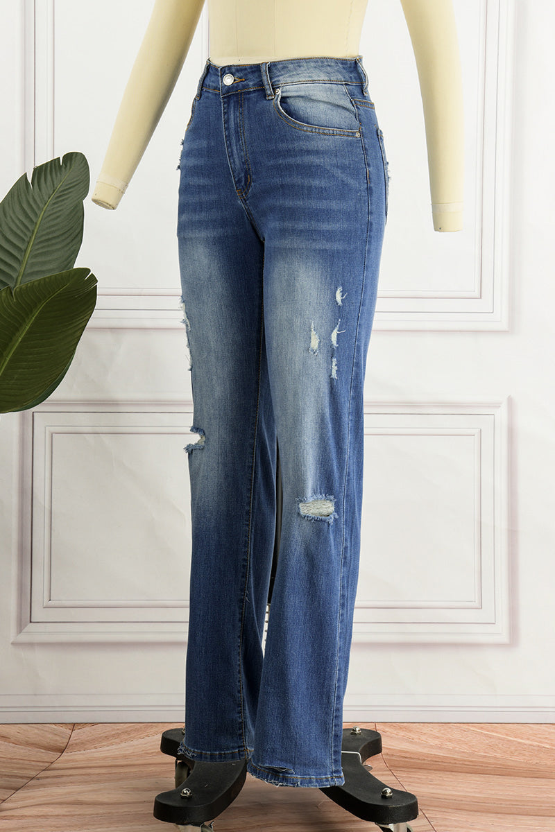 Jean droit déchiré en denim décontracté avec patchwork de rue 