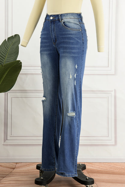 Jean droit déchiré en denim décontracté avec patchwork de rue 