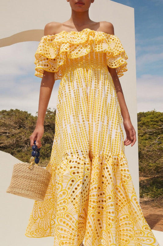 Robe longue décontractée imprimée patchwork à épaules dénudées 