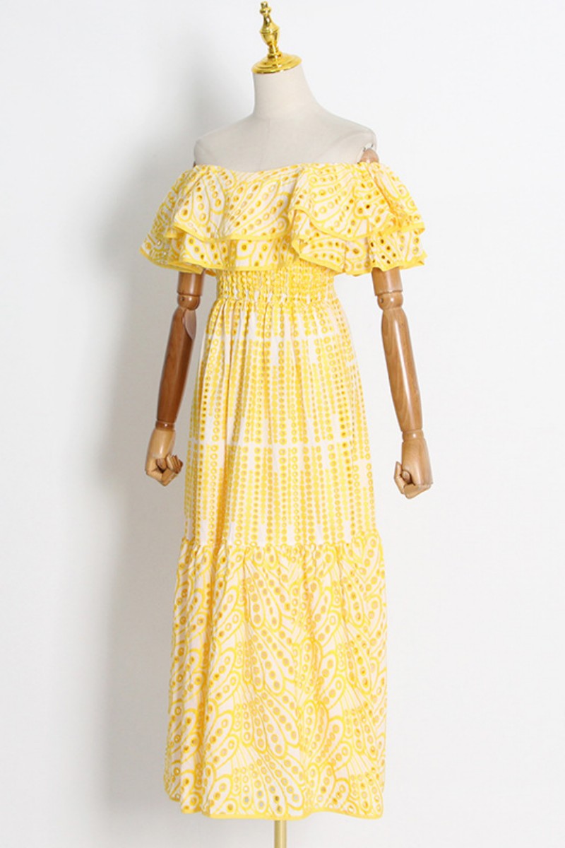 Robe longue décontractée imprimée patchwork à épaules dénudées 