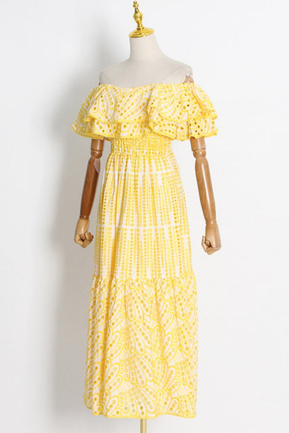 Robe longue décontractée imprimée patchwork à épaules dénudées 