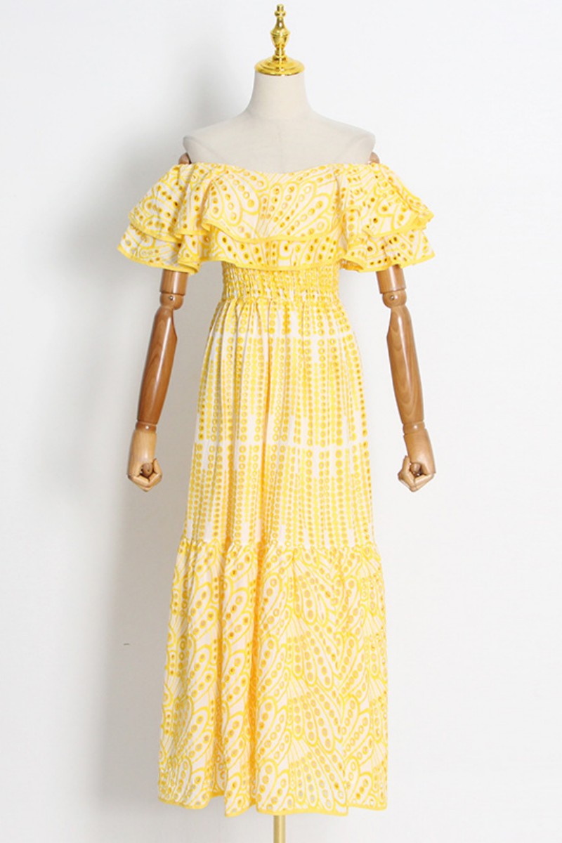 Robe longue décontractée imprimée patchwork à épaules dénudées 