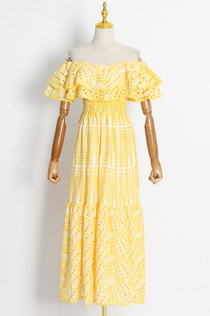 Robe longue décontractée imprimée patchwork à épaules dénudées 