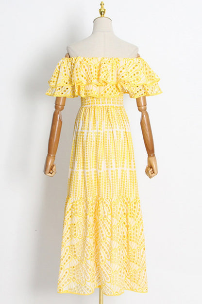 Robe longue décontractée imprimée patchwork à épaules dénudées 