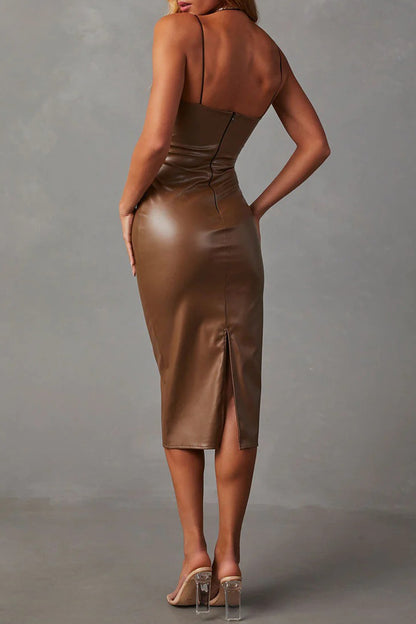 Sexy, einfarbig, rückenfrei, Schlitz, U-Ausschnitt, Sling-Kleid 