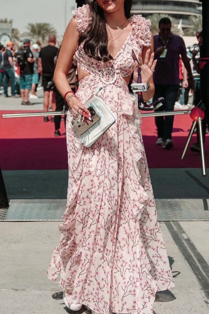 Sexy Blumen Ausgehöhltes Volant V-Ausschnitt Ärmelloses Kleid Kleider 