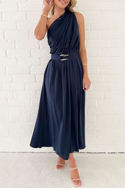 Sexy, einfarbiges, rückenfreies Kleid mit schrägem Kragen und Taille 