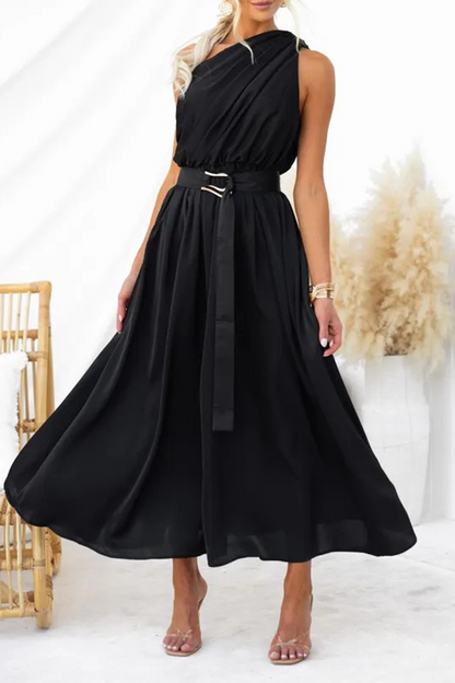 Sexy, einfarbiges, rückenfreies Kleid mit schrägem Kragen und Taille 