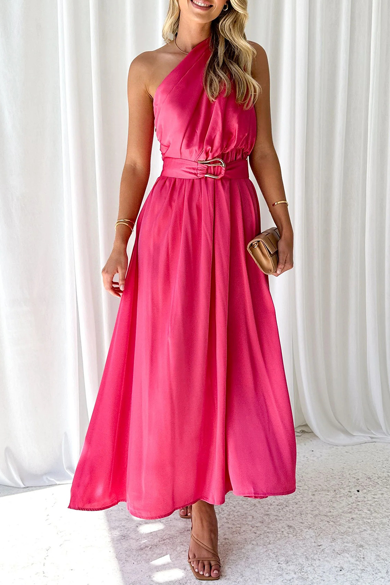 Sexy, einfarbiges, rückenfreies Kleid mit schrägem Kragen und Taille 