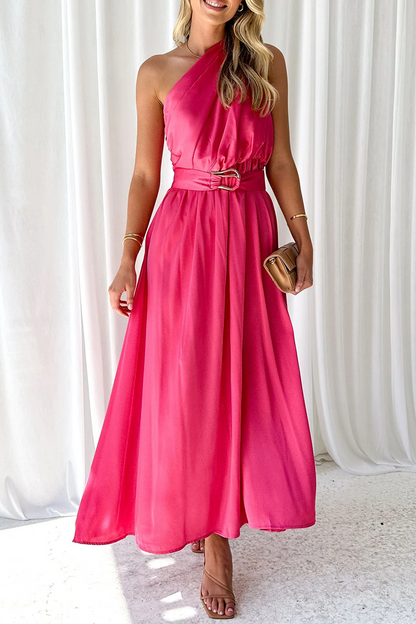 Sexy, einfarbiges, rückenfreies Kleid mit schrägem Kragen und Taille 