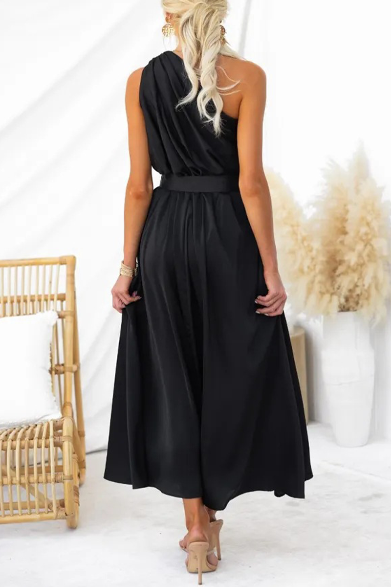 Sexy, einfarbiges, rückenfreies Kleid mit schrägem Kragen und Taille 