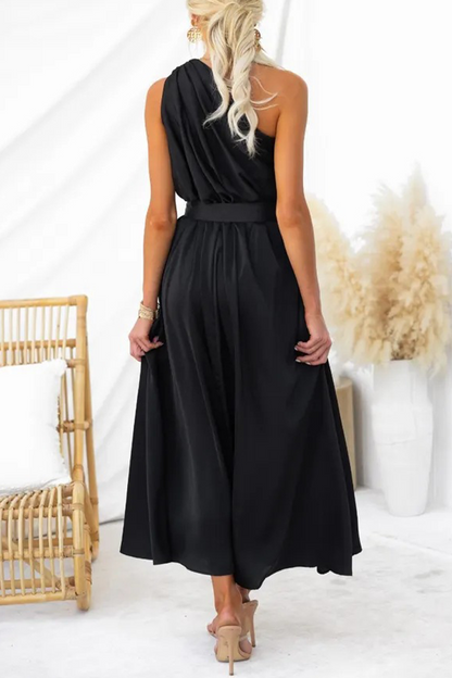 Sexy, einfarbiges, rückenfreies Kleid mit schrägem Kragen und Taille 