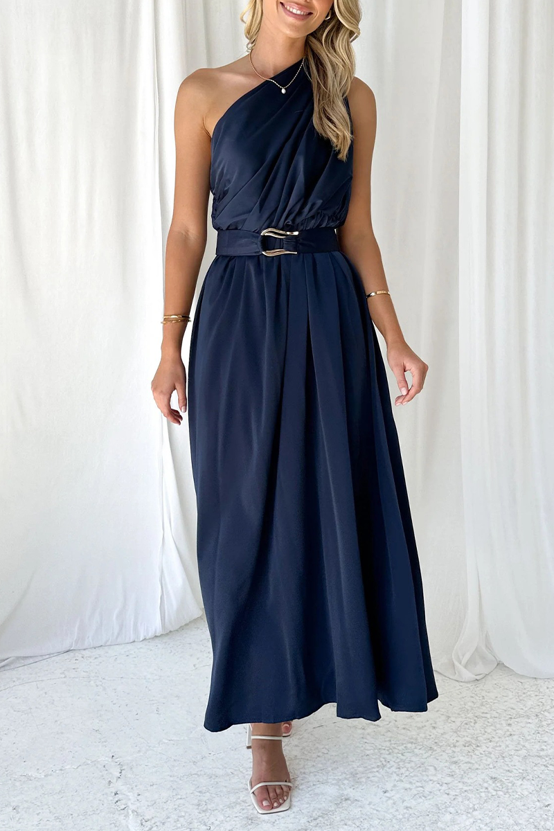 Sexy, einfarbiges, rückenfreies Kleid mit schrägem Kragen und Taille 