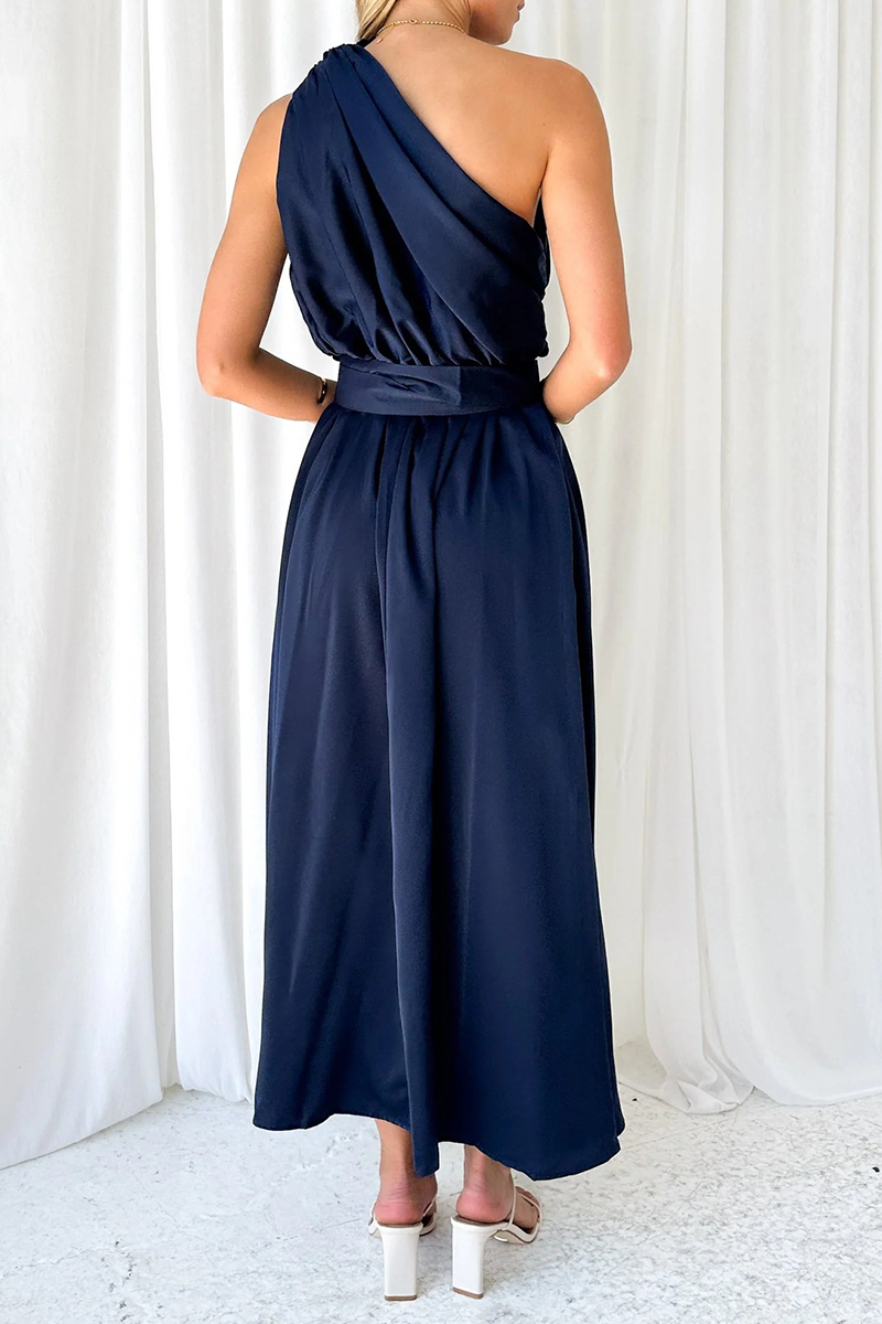 Sexy, einfarbiges, rückenfreies Kleid mit schrägem Kragen und Taille 