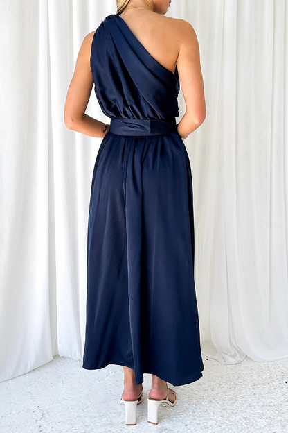 Sexy, einfarbiges, rückenfreies Kleid mit schrägem Kragen und Taille 