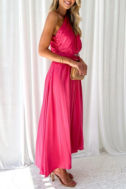 Sexy, einfarbiges, rückenfreies Kleid mit schrägem Kragen und Taille 