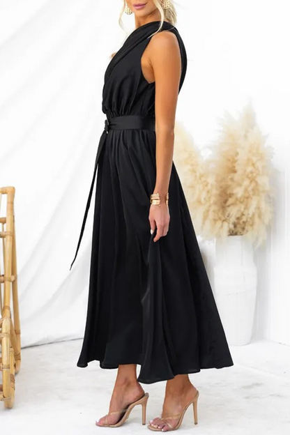 Sexy, einfarbiges, rückenfreies Kleid mit schrägem Kragen und Taille 