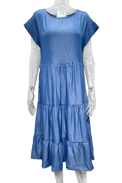 Robe trapèze décontractée à manches courtes et col rond, couleur unie, sans ceinture (sans ceinture) 