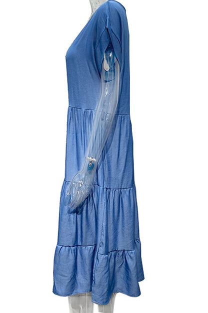 Robe trapèze décontractée à manches courtes et col rond, couleur unie, sans ceinture (sans ceinture) 