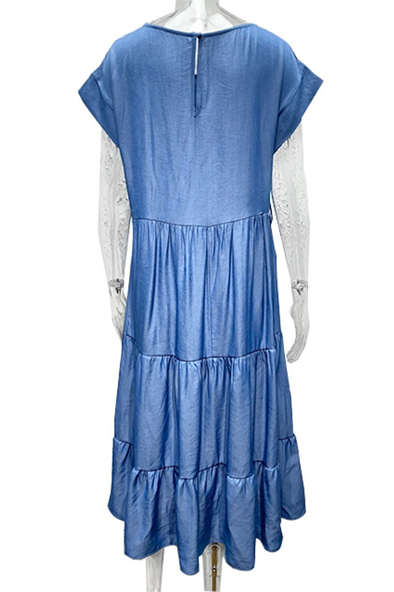 Robe trapèze décontractée à manches courtes et col rond, couleur unie, sans ceinture (sans ceinture) 