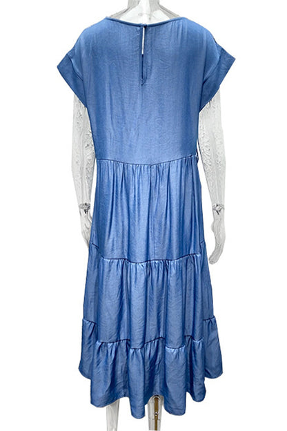 Robe trapèze décontractée à manches courtes et col rond, couleur unie, sans ceinture (sans ceinture) 