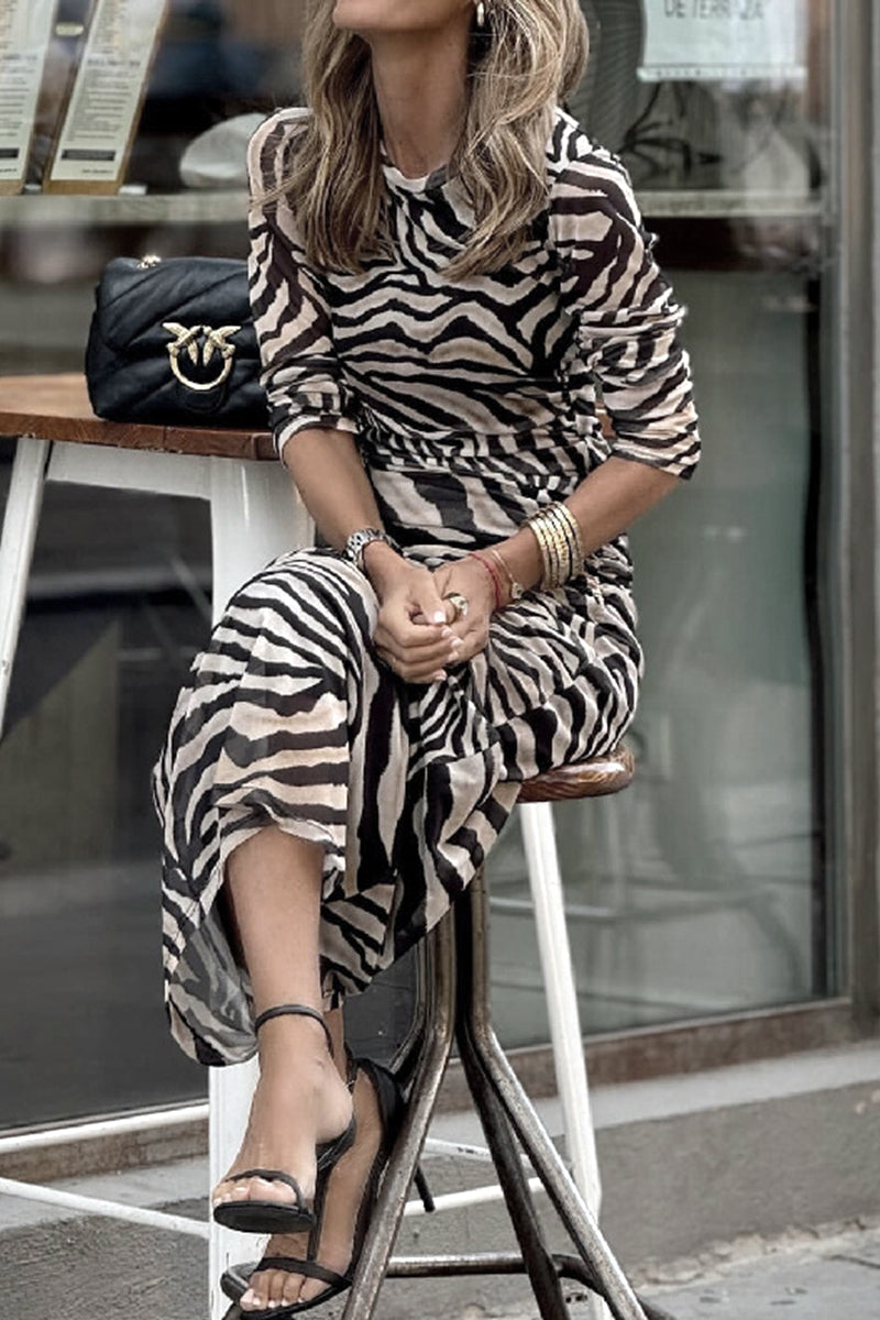 Street Vintage Animal Print Print Falten O Hals Einstufiger Rock Kleider 