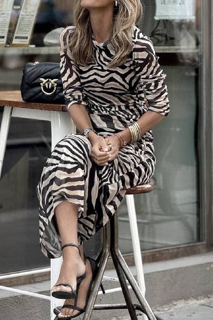 Street Vintage Animal Print Print Falten O Hals Einstufiger Rock Kleider 
