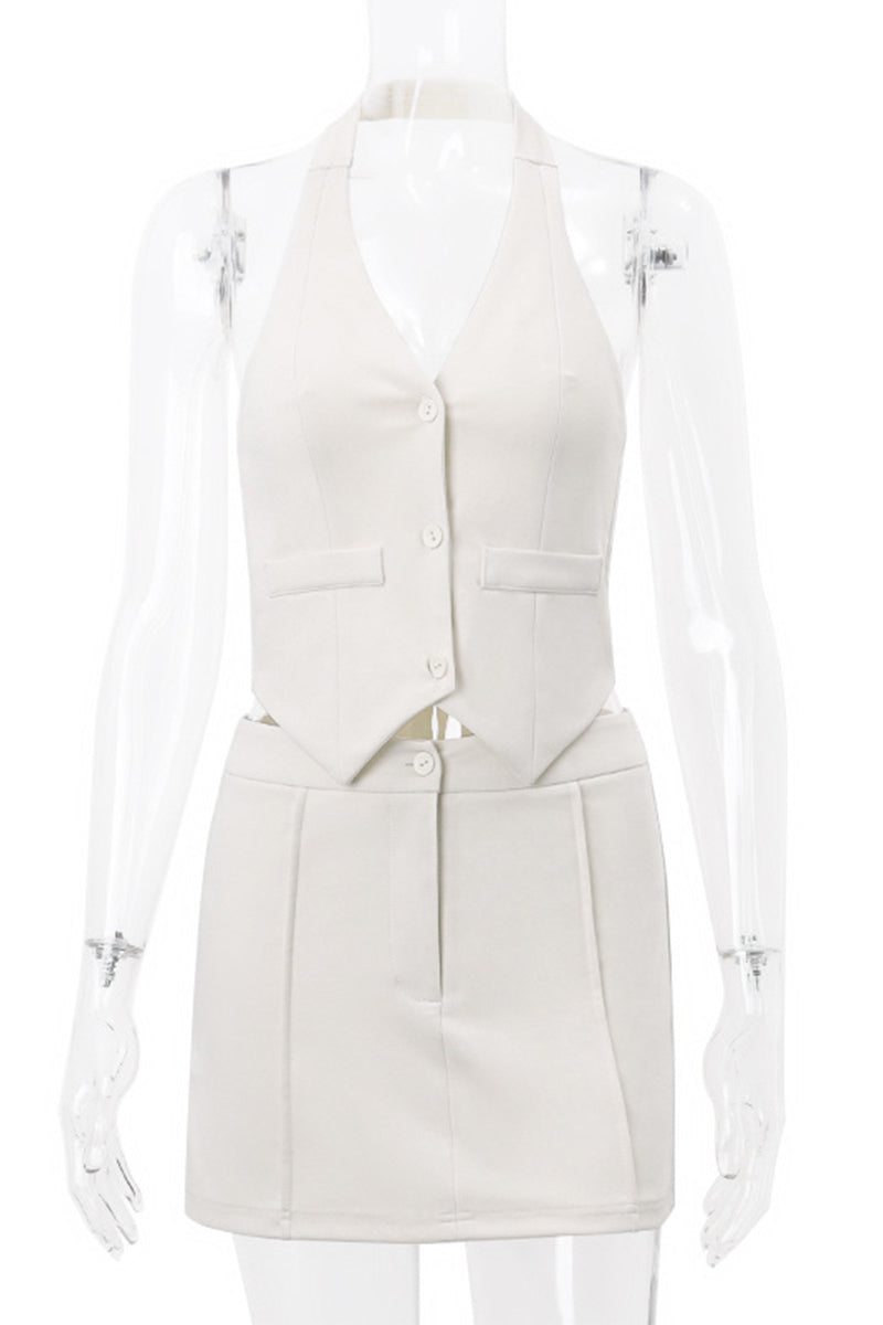 Sexy British Style Solid Backless Halter Sleeveless Two Pieces