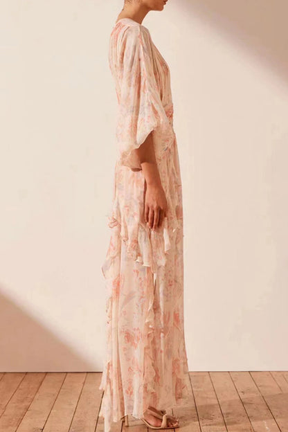 Süßes, elegantes Blumenvolant-Falten-O-Ausschnitt-Kleid mit unregelmäßigem Kleid 