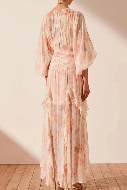 Süßes, elegantes Blumenvolant-Falten-O-Ausschnitt-Kleid mit unregelmäßigem Kleid 