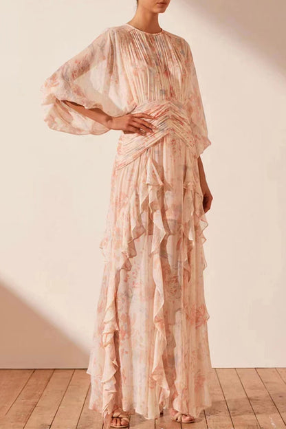 Süßes, elegantes Blumenvolant-Falten-O-Ausschnitt-Kleid mit unregelmäßigem Kleid 