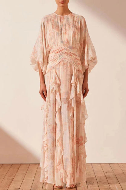 Süßes, elegantes Blumenvolant-Falten-O-Ausschnitt-Kleid mit unregelmäßigem Kleid 