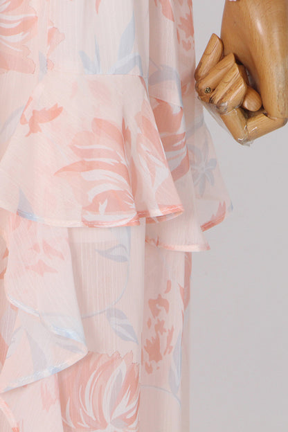 Süßes, elegantes Blumenvolant-Falten-O-Ausschnitt-Kleid mit unregelmäßigem Kleid 