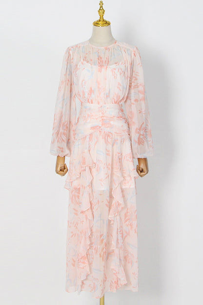 Süßes, elegantes Blumenvolant-Falten-O-Ausschnitt-Kleid mit unregelmäßigem Kleid 