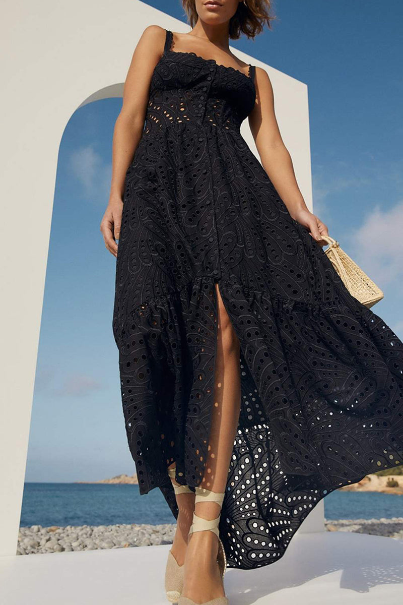 Süßes, elegantes, solides, ausgehöhltes Patchwork-Kleid mit quadratischem Kragen und Sling-Kleid 