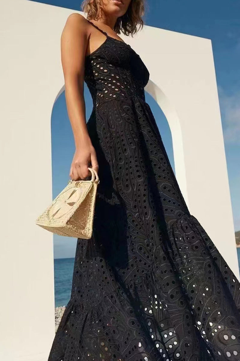 Süßes, elegantes, solides, ausgehöhltes Patchwork-Kleid mit quadratischem Kragen und Sling-Kleid 