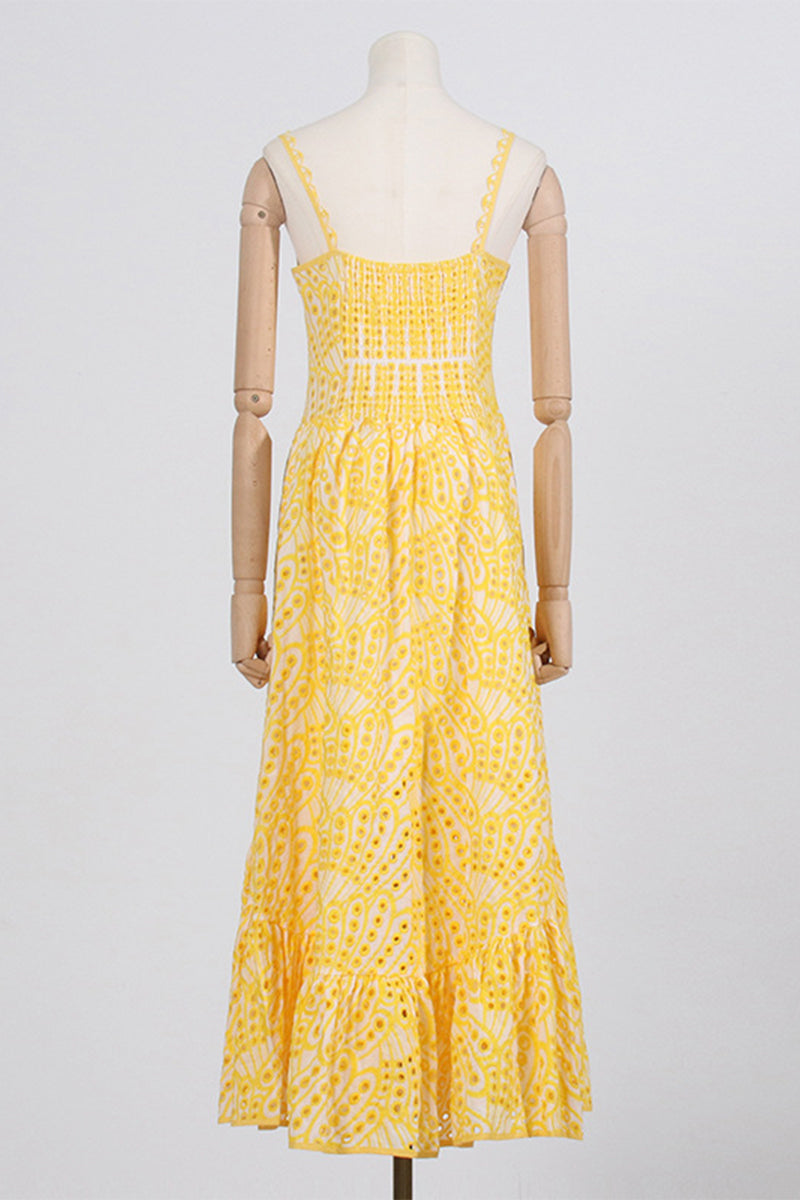 Süßes, elegantes, solides, ausgehöhltes Patchwork-Kleid mit quadratischem Kragen und Sling-Kleid 