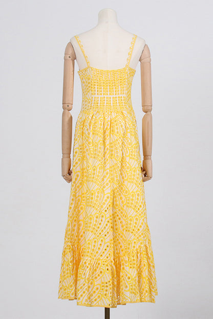 Süßes, elegantes, solides, ausgehöhltes Patchwork-Kleid mit quadratischem Kragen und Sling-Kleid 