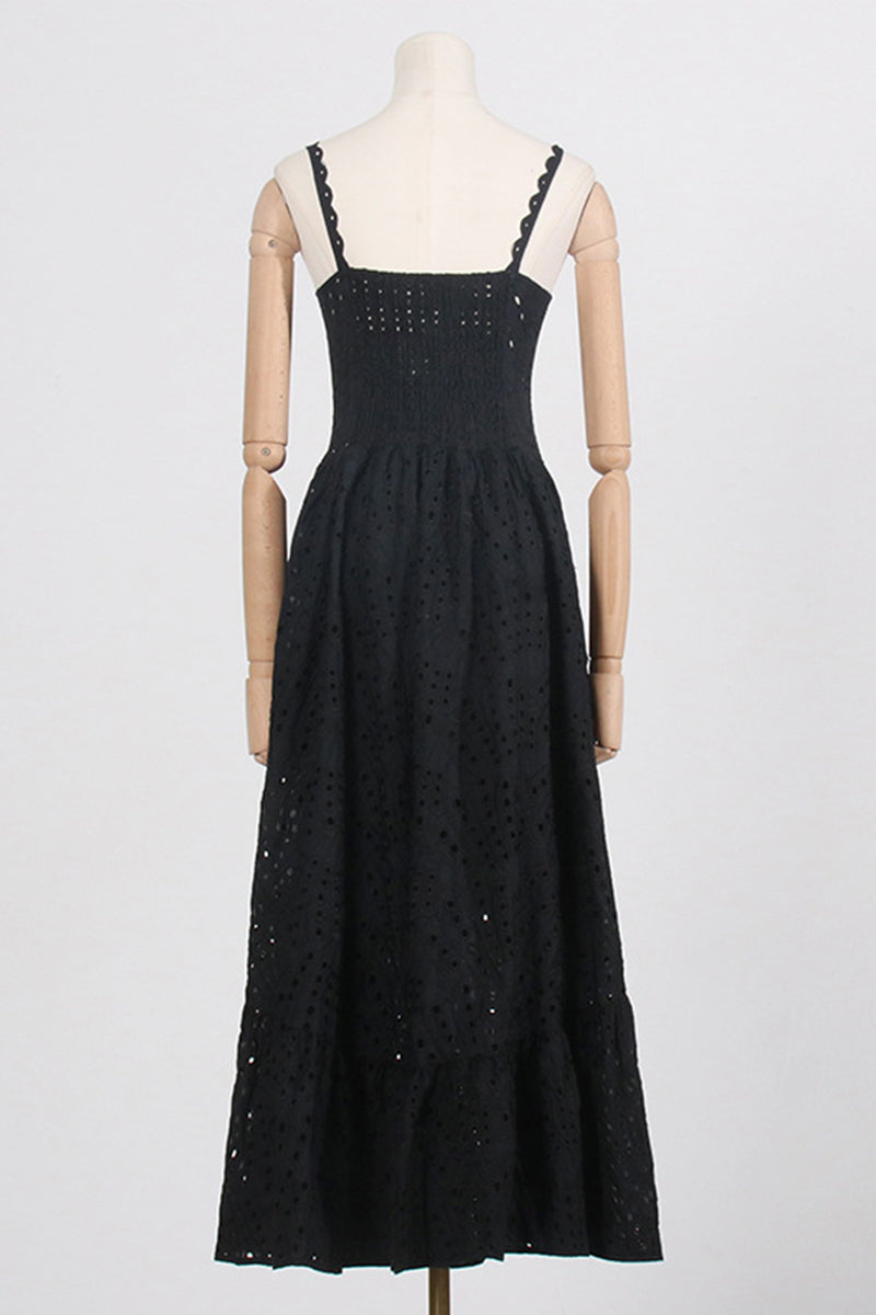 Süßes, elegantes, solides, ausgehöhltes Patchwork-Kleid mit quadratischem Kragen und Sling-Kleid 