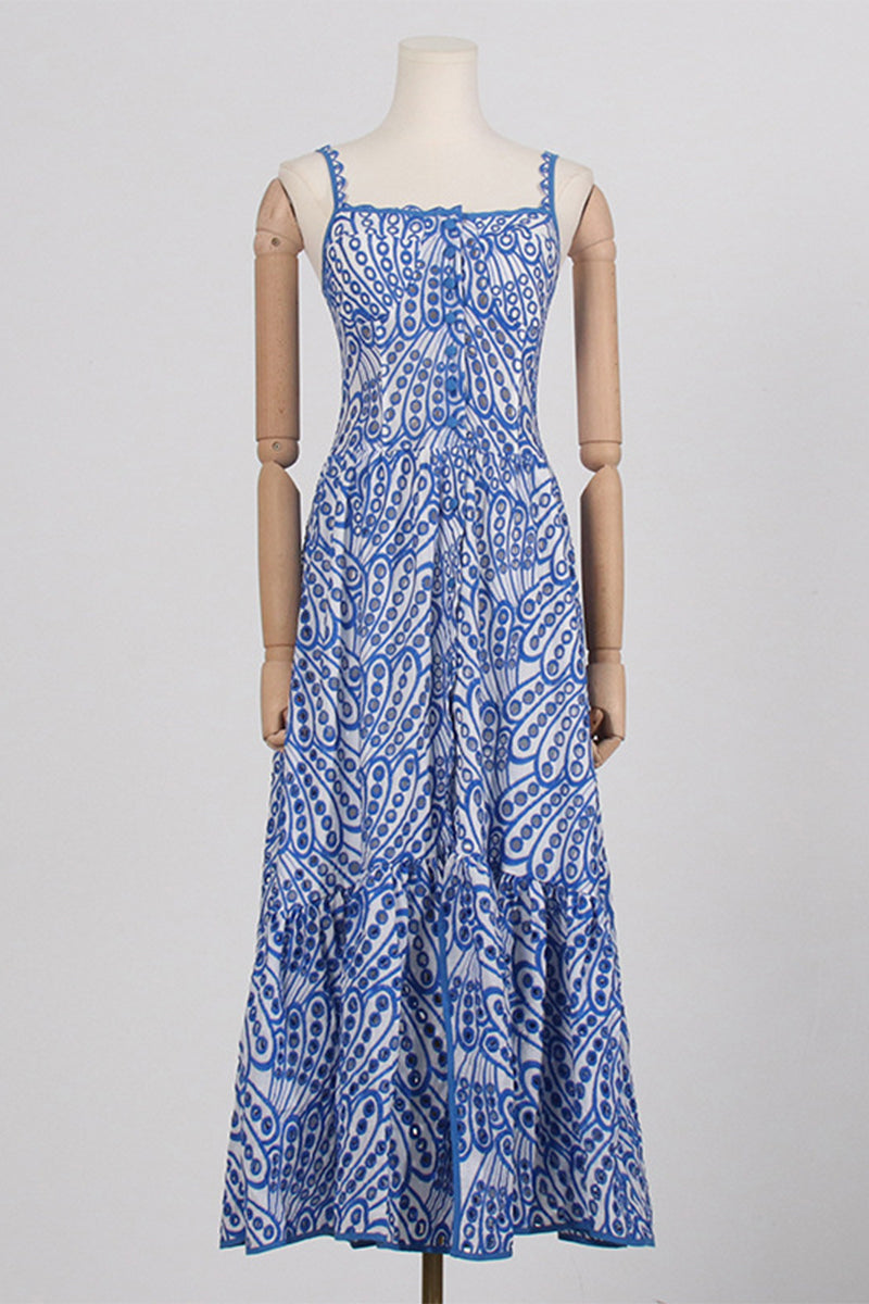 Süßes, elegantes, solides, ausgehöhltes Patchwork-Kleid mit quadratischem Kragen und Sling-Kleid 