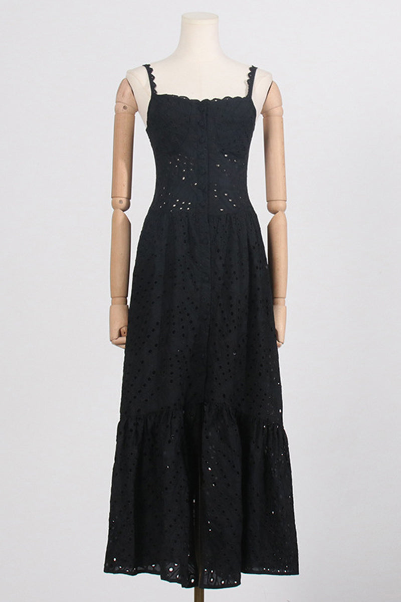 Süßes, elegantes, solides, ausgehöhltes Patchwork-Kleid mit quadratischem Kragen und Sling-Kleid 